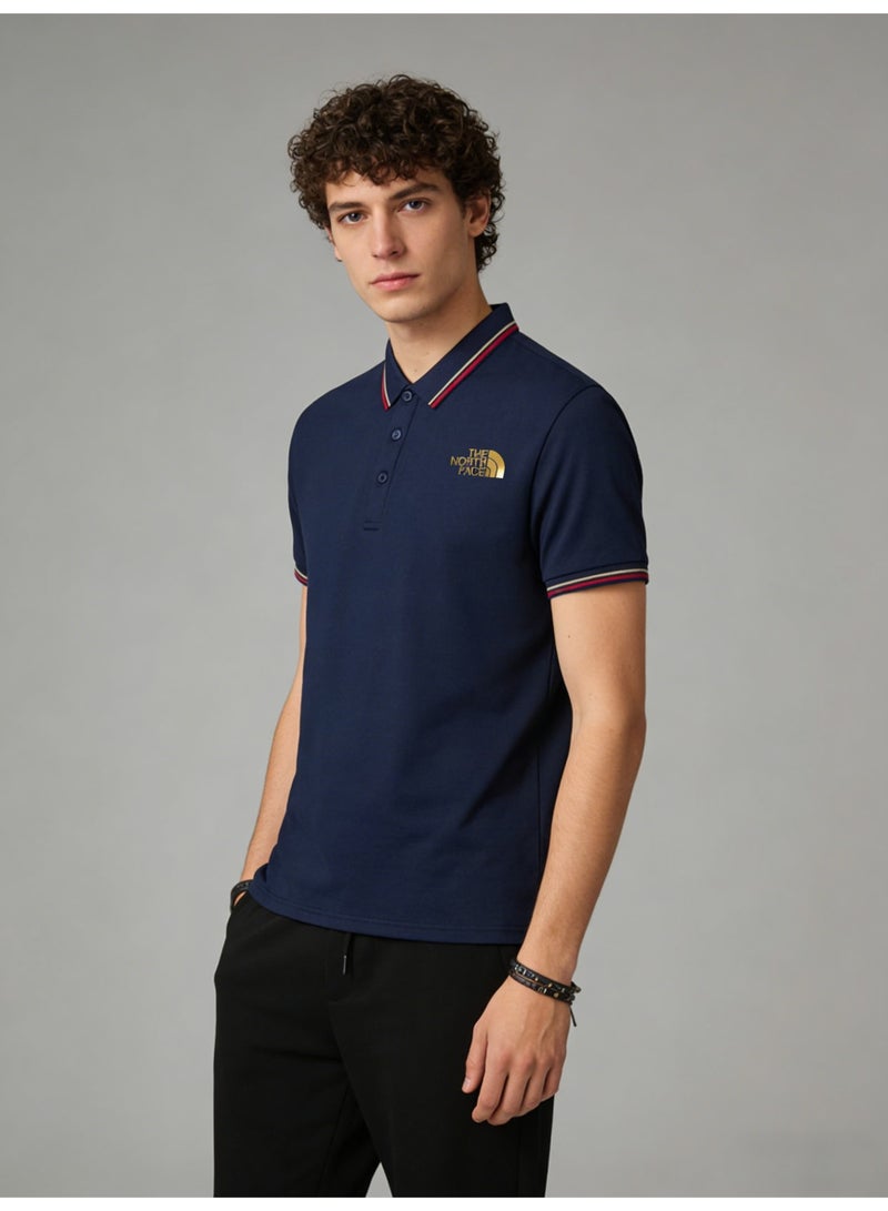THE NORTH FACE 2026 The North Face Gold Logo blue Polo shirt, high-grade beaded cotton short sleeves, striped collar and cuffs, outdoor casual men's wear. - Image 3